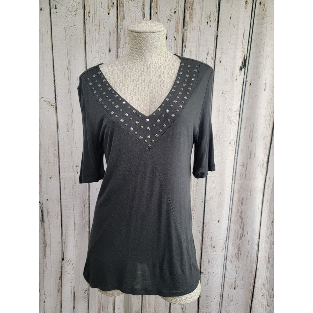 Poppy Women's Small Black Charcoal Gray Studded‎ 1/2 Sleeve Sheer Blouse Top EUC
